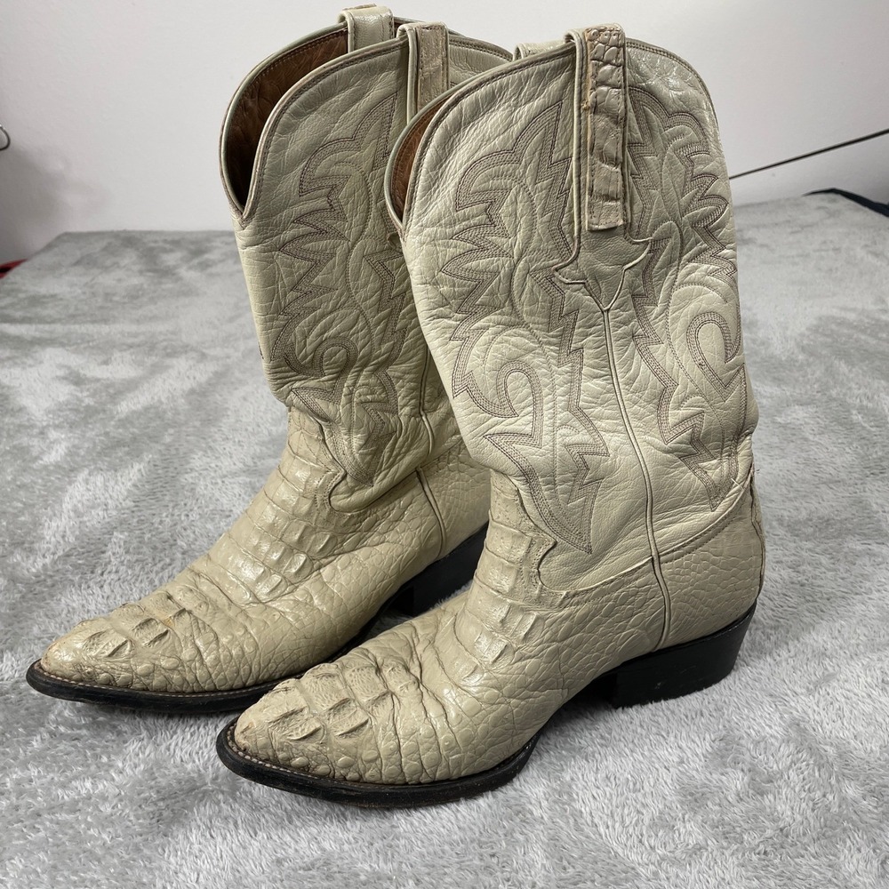 Montana Cowboy Boots Mens 8.5 Cream Caiman Fuscus Skin‎ Exotic Western Toe
